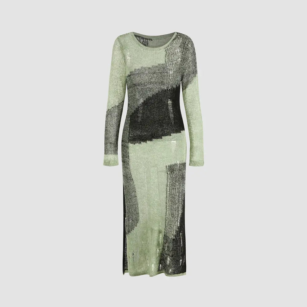2023 Custom Women’s Patchwork Distressed Knit Midi Dress – Sexy Long Sleeve Crew Neck Pullover Summer Knitted Dress