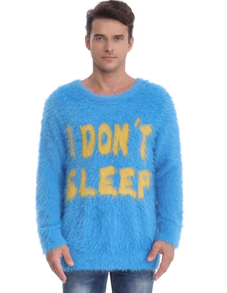 Men Fuzzy Sweaters Mohair Long Sleeve Warm Knitwear Winter Pullover