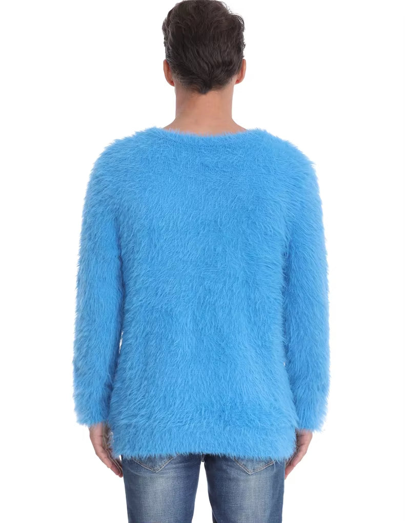 Men Fuzzy Sweaters Mohair Long Sleeve Warm Knitwear Winter Pullover