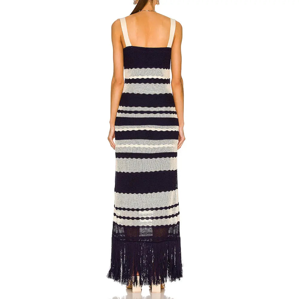 BLUE Striped Cotton-Knit Dress Custom Fashion Lady Elegant Summer Girls Casual Womens Dresses Knitting Dresses Midi Knitted