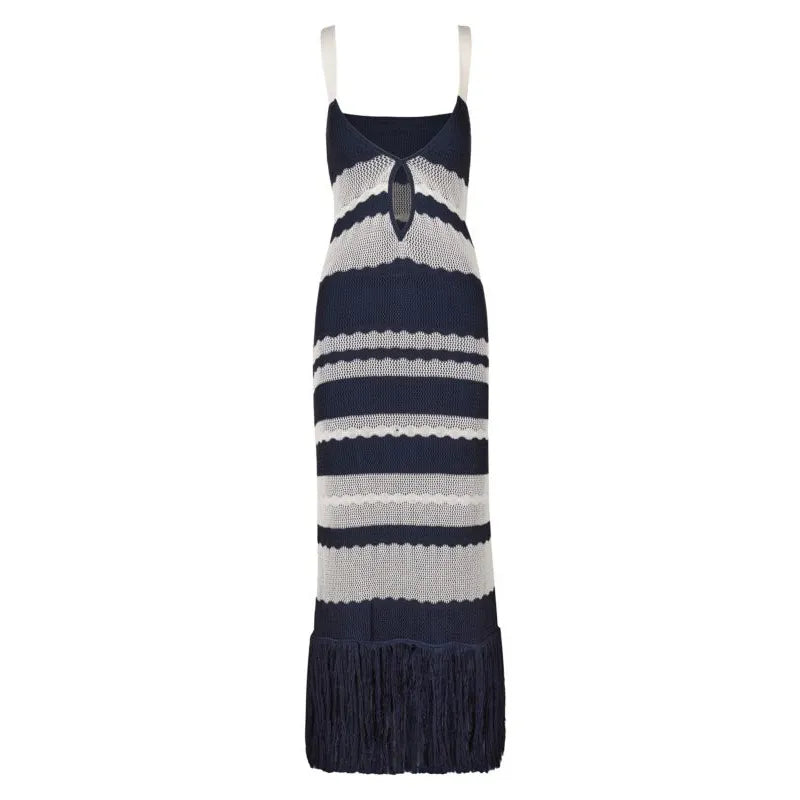 BLUE Striped Cotton-Knit Dress Custom Fashion Lady Elegant Summer Girls Casual Womens Dresses Knitting Dresses Midi Knitted