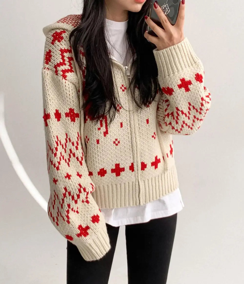 Custom LOGO Christmas pattern Zipper Hoodie Cardigan Women's Knitted Sweater Winter Thick Warm sweater for women