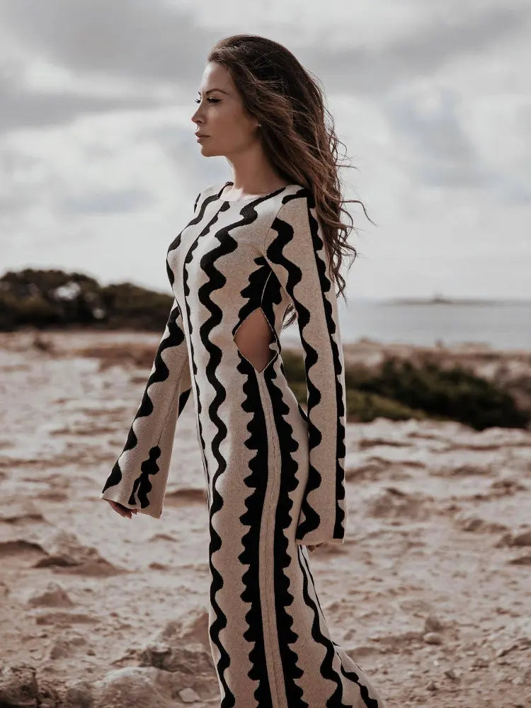 Autumn Party Flared Long Sleeve Sexy Hollow Out Jacquard Knit Maxi Dress for Women