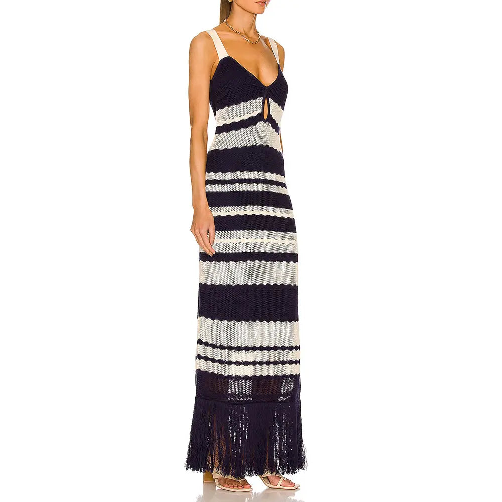 BLUE Striped Cotton-Knit Dress Custom Fashion Lady Elegant Summer Girls Casual Womens Dresses Knitting Dresses Midi Knitted