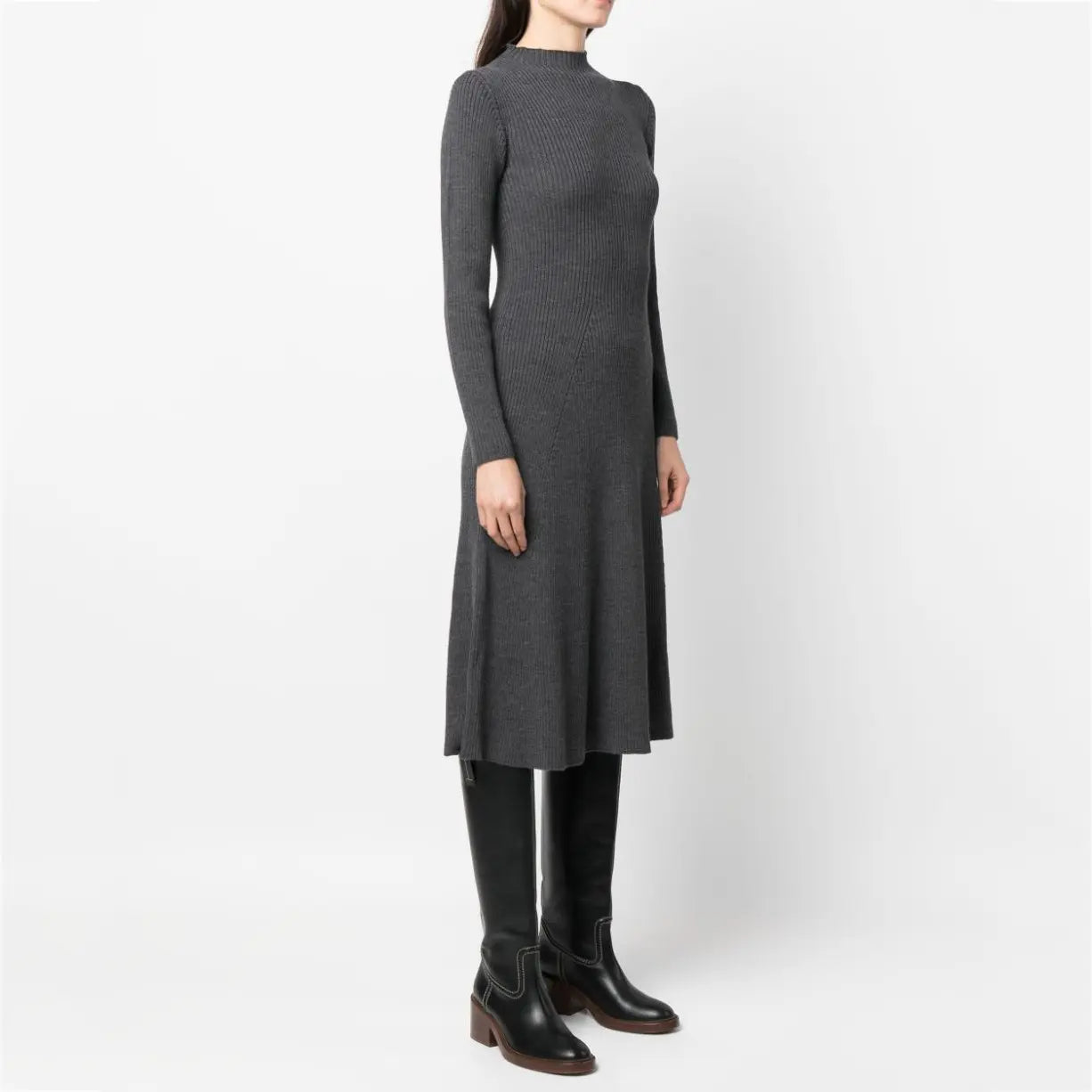 knitwear manufacturers custom dark grey rib Knit Dress midi Wool thick Knit Dress mock neck fall sweater dress women clothing