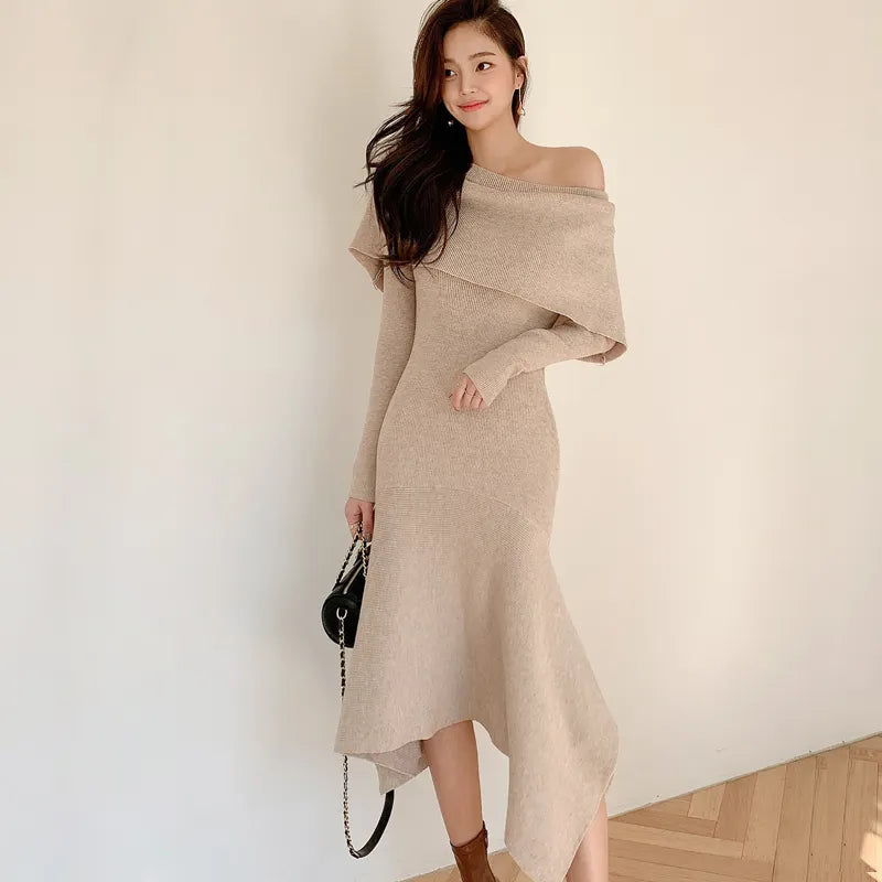 High Quality New Elegant Sexy Solid Color Off Collar Slim Fit Ruffled Knitted Bottoming Sweater Dress for Women