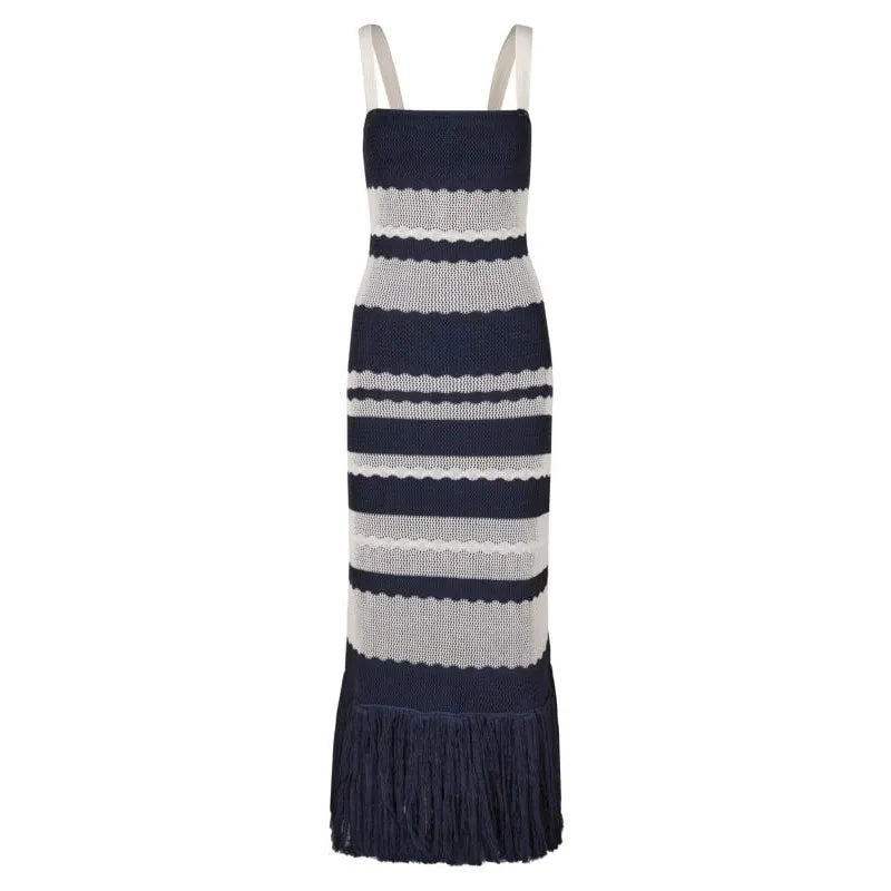 BLUE Striped Cotton-Knit Dress Custom Fashion Lady Elegant Summer Girls Casual Womens Dresses Knitting Dresses Midi Knitted