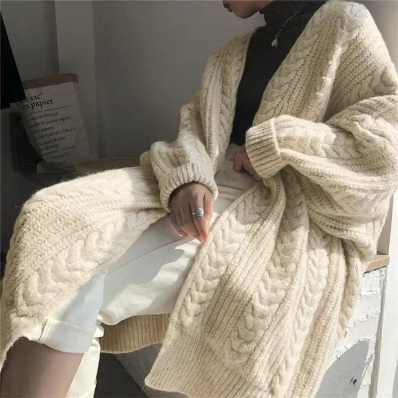 Autumn and Winter Knitted Fashion Simple Loose Twist Maxi Sweater Coat Cardigan for Women