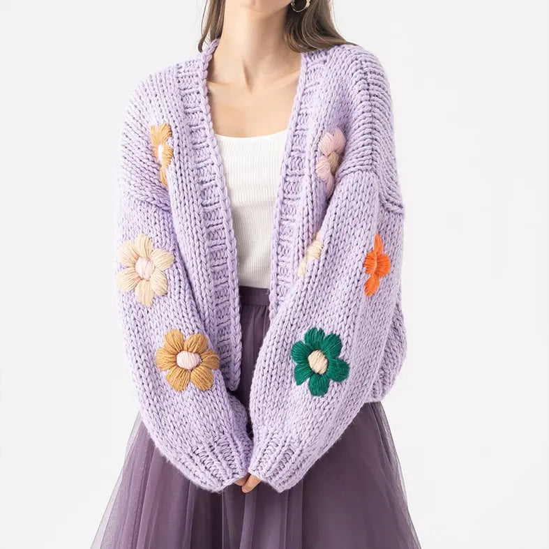 Custom sweater cardigan women knitwear ladies handmade chunky knitted floral cardigan girls cropped top women sweater