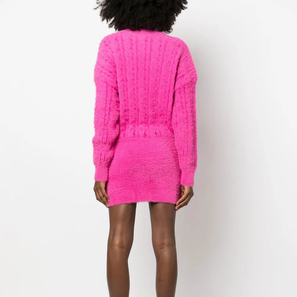 Winter High Quality Custom pink fuzzy sweater dress V Neck Sexy Knitted Long Sleeve Mini Sweater Dress for Women
