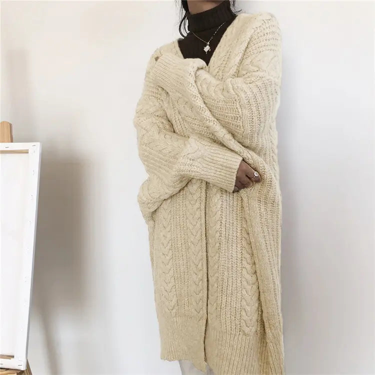 Autumn and Winter Knitted Fashion Simple Loose Twist Maxi Sweater Coat Cardigan for Women