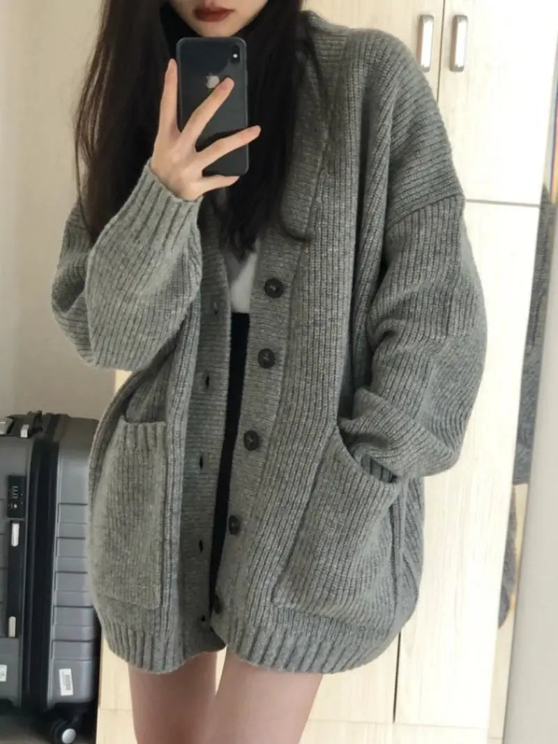 Autumn Winter Custom Women's Long Sleeve V-Neck Loose Knit Cardigan Sweater Coat – Fashionable Casual Jacket for Women