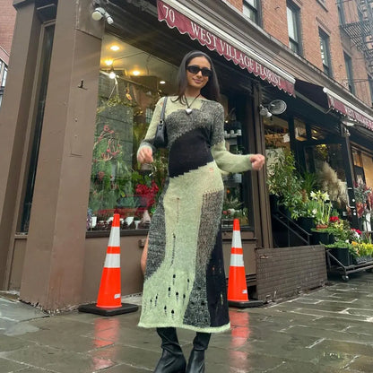 2023 Custom Women’s Patchwork Distressed Knit Midi Dress – Sexy Long Sleeve Crew Neck Pullover Summer Knitted Dress