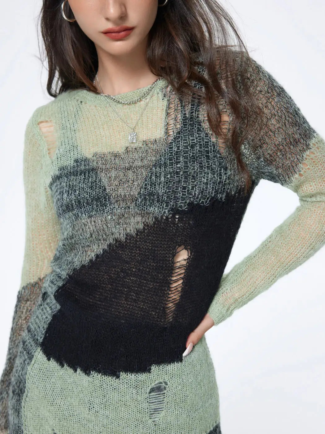 2023 Custom Women’s Patchwork Distressed Knit Midi Dress – Sexy Long Sleeve Crew Neck Pullover Summer Knitted Dress