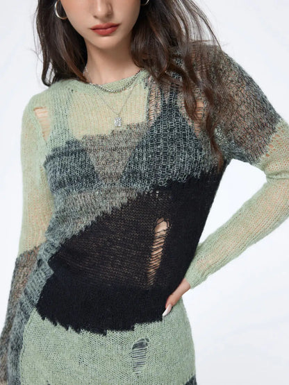 2023 Custom Women’s Patchwork Distressed Knit Midi Dress – Sexy Long Sleeve Crew Neck Pullover Summer Knitted Dress