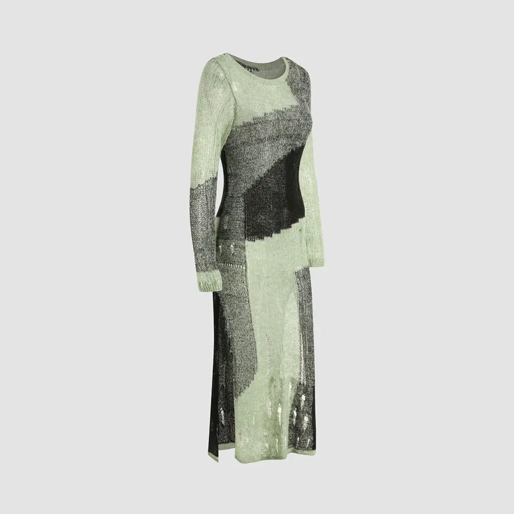 2023 Custom Women’s Patchwork Distressed Knit Midi Dress – Sexy Long Sleeve Crew Neck Pullover Summer Knitted Dress