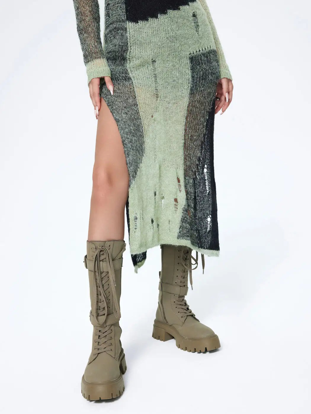 2023 Custom Women’s Patchwork Distressed Knit Midi Dress – Sexy Long Sleeve Crew Neck Pullover Summer Knitted Dress