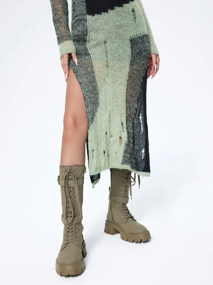2023 Custom Women’s Patchwork Distressed Knit Midi Dress – Sexy Long Sleeve Crew Neck Pullover Summer Knitted Dress