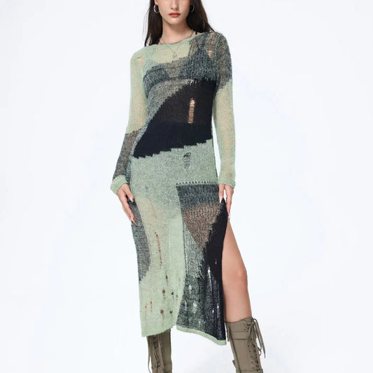 2023 Custom Women’s Patchwork Distressed Knit Midi Dress – Sexy Long Sleeve Crew Neck Pullover Summer Knitted Dress
