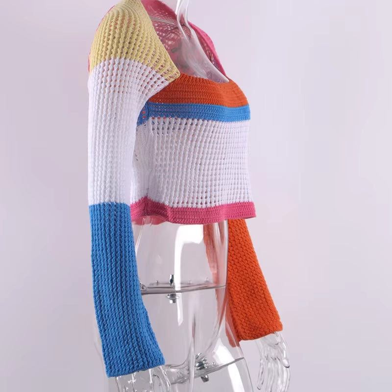 Women's Knitted Long Sleeve Crochet Color Block Sweater