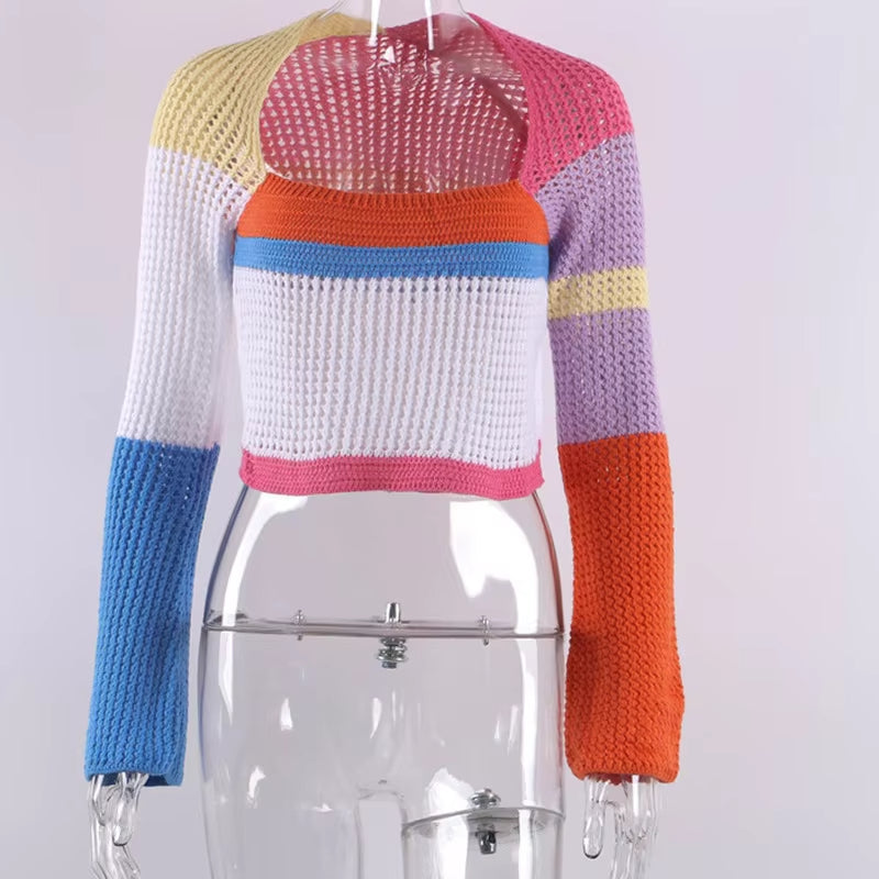 Women's Knitted Long Sleeve Crochet Color Block Sweater