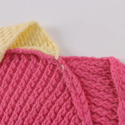 Women's Knitted Long Sleeve Crochet Color Block Sweater