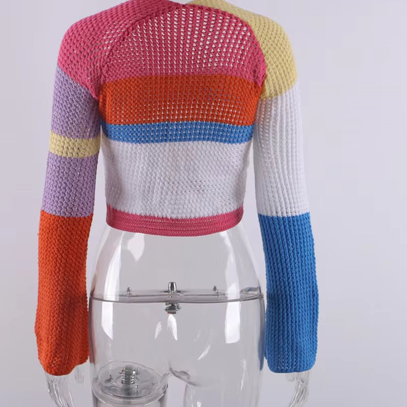 Women's Knitted Long Sleeve Crochet Color Block Sweater
