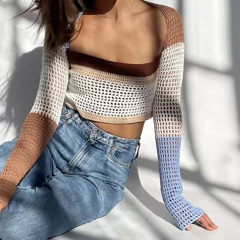 Women's Knitted Long Sleeve Crochet Color Block Sweater