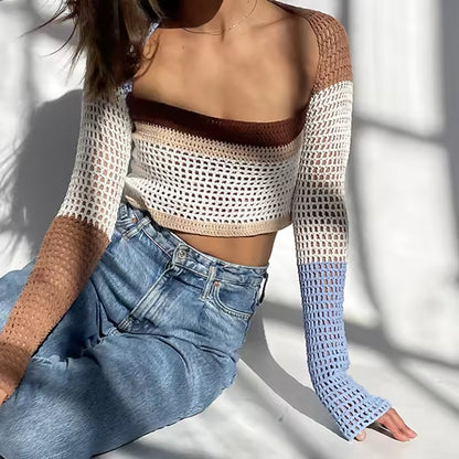 Women's Knitted Long Sleeve Crochet Color Block Sweater
