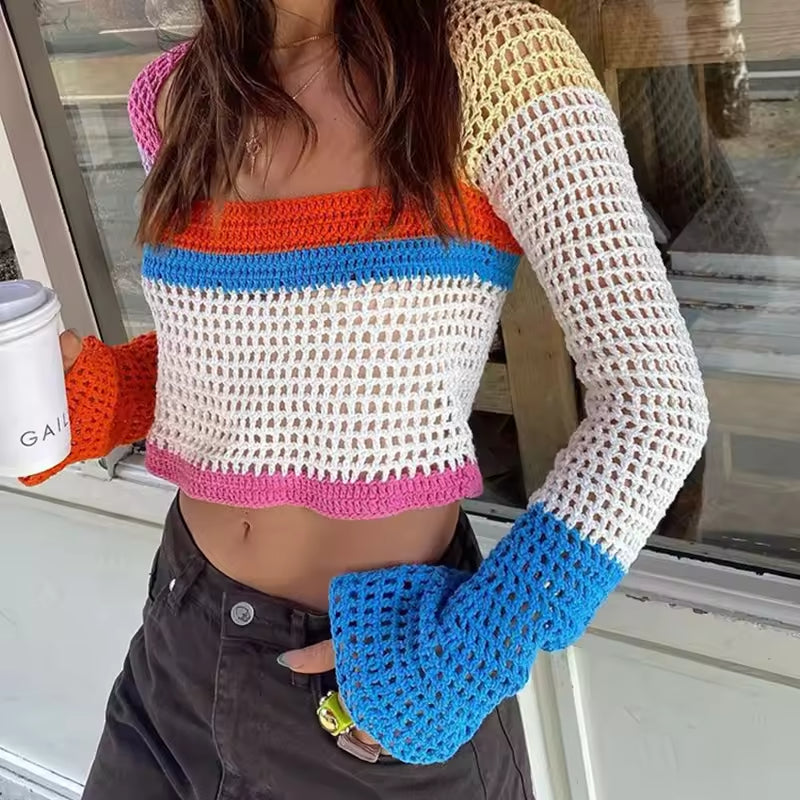Women's Knitted Long Sleeve Crochet Color Block Sweater