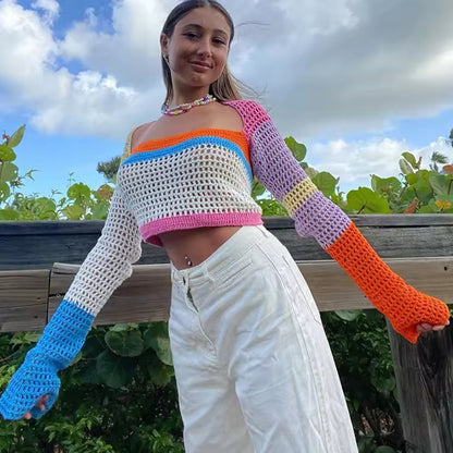 Women's Knitted Long Sleeve Crochet Color Block Sweater