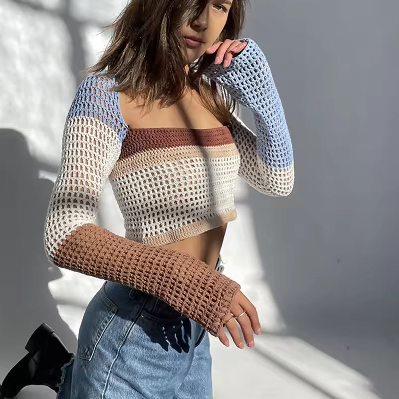 Women's Knitted Long Sleeve Crochet Color Block Sweater