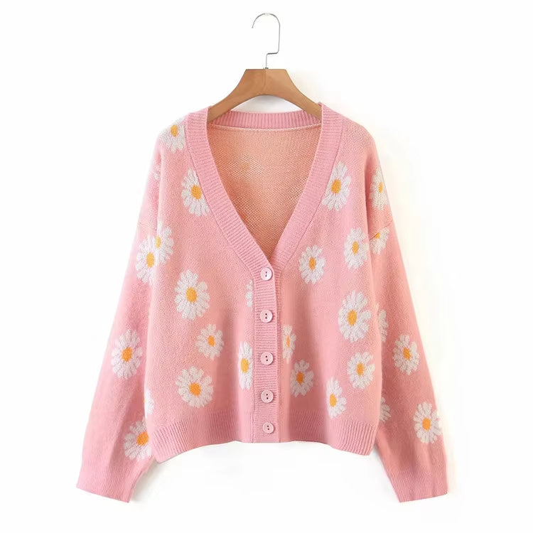 Custom Korean Flower jacquard Knit Cardigans Sweater