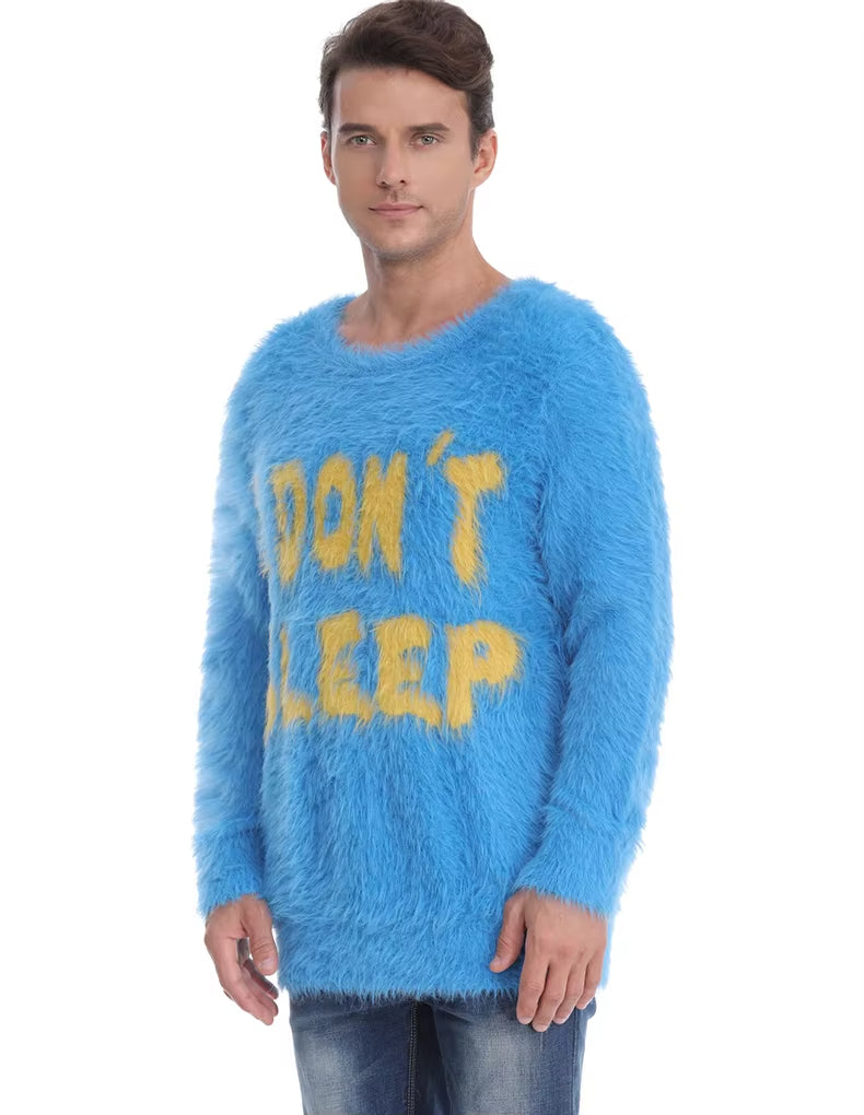 Men Fuzzy Sweaters Mohair Long Sleeve Warm Knitwear Winter Pullover