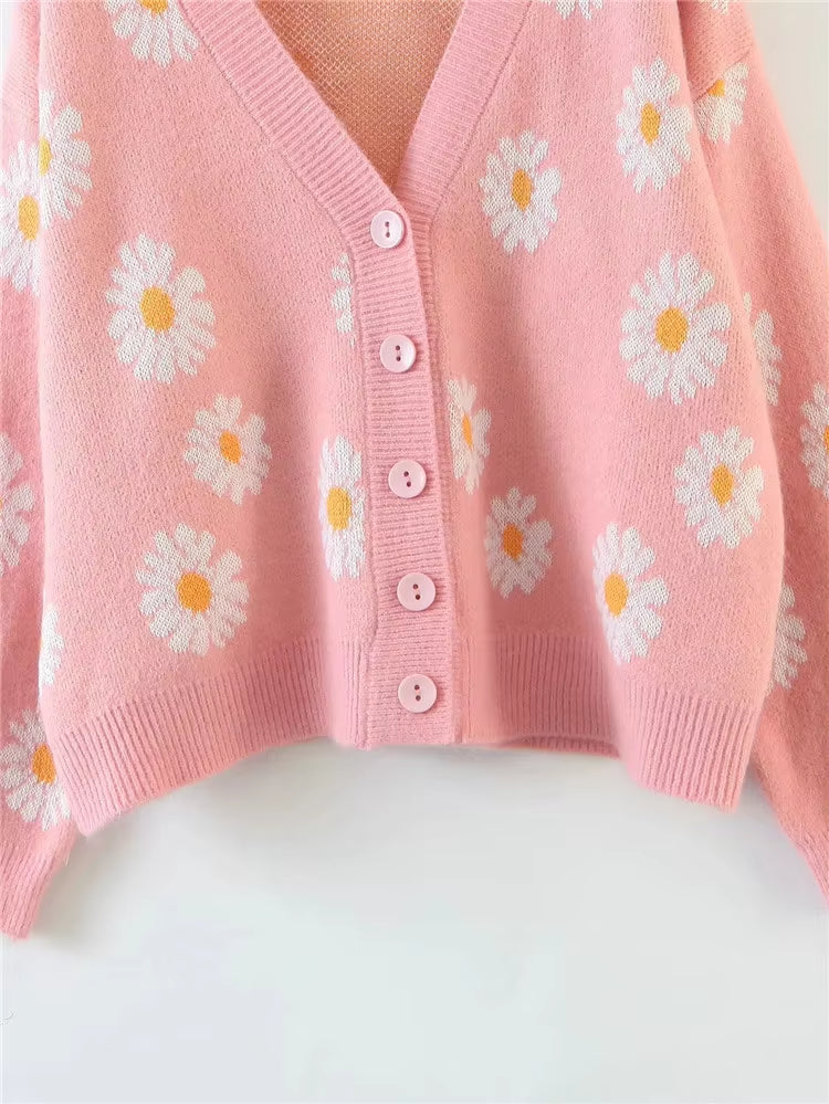 Custom Korean Flower jacquard Knit Cardigans Sweater