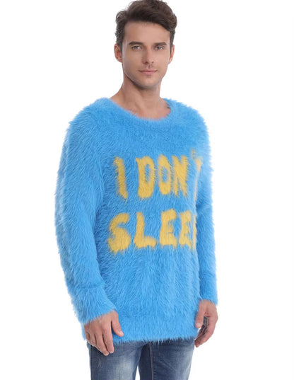 Men Fuzzy Sweaters Mohair Long Sleeve Warm Knitwear Winter Pullover