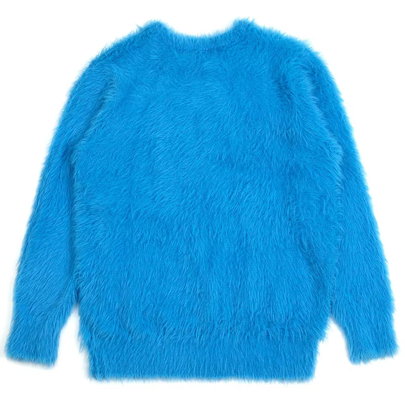 Men Fuzzy Sweaters Mohair Long Sleeve Warm Knitwear Winter Pullover