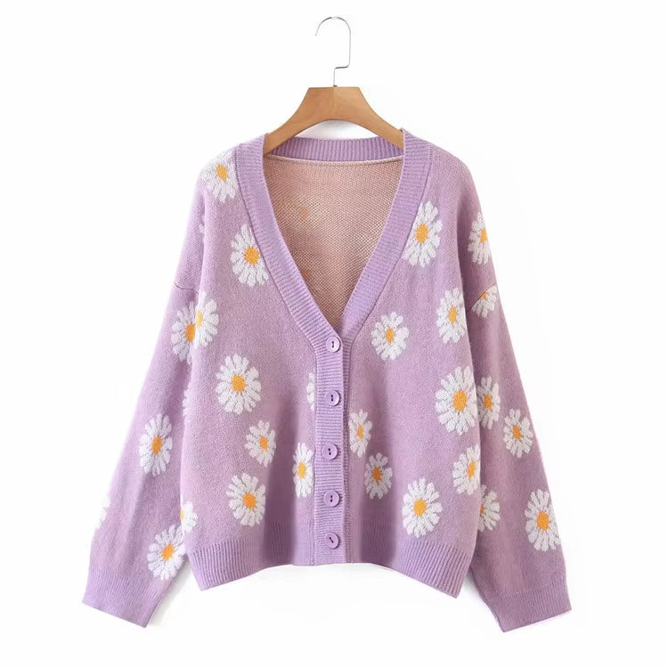Custom Korean Flower jacquard Knit Cardigans Sweater
