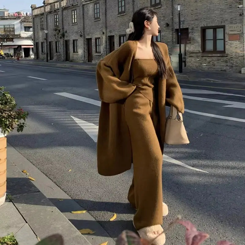 Top Fashion Winter Wool Cashmere Three-piece Set Women's Clothing Formal Tube Pullover Sweater Long Cardigan Loose Pants Sets