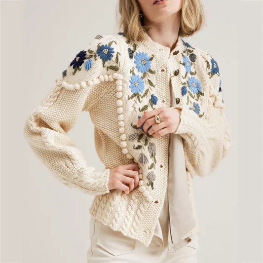 Custom Knit Sweater - Winter Loose Tricot Jacquard Cardigan with Hand Embroidery for Women, Vintage Knitwear
