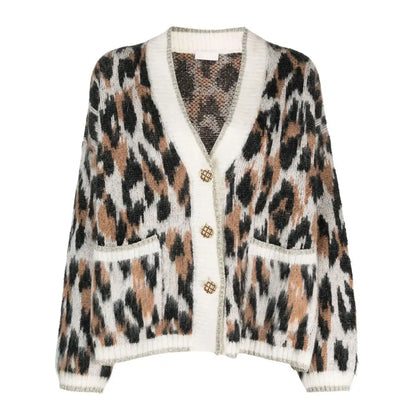 Winter custom leopard pattern jacquard knitted ribbed V-neck long sleeve pocket design women's sweater cardigan