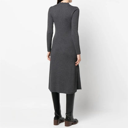 knitwear manufacturers custom dark grey rib Knit Dress midi Wool thick Knit Dress mock neck fall sweater dress women clothing