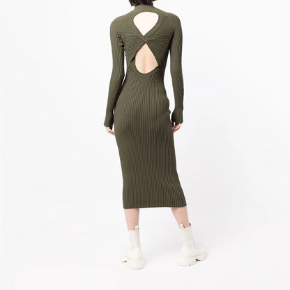 Custom Rib Knit Maxi Dress Fashion Knitted Long Lady Elegant Winter Girls Casual Womens Dresses Cut-out mock neck Sweater Dress