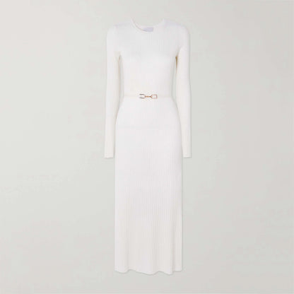 Knitwear Manufacturer Custom Autumn Winter White crew Neck Long Sleeve Ribbed Knit Women Wool Silk Sweater Dress