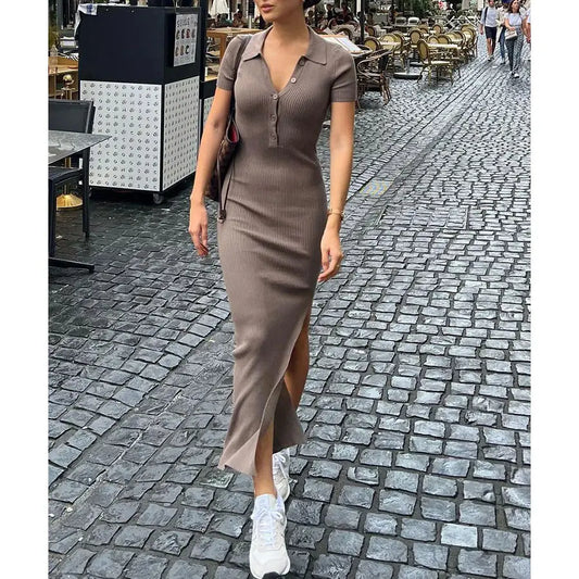 Knitwear manufacturer Custom sleeveless polo neck sweater Robe Long knit dress ladies Rib knit Slim Elegant Women Maxi Dress