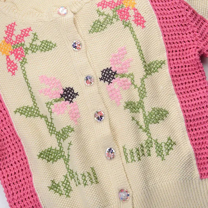 Custom Retro embroidered Pattern Jacquard Knitted Sweater Ladies Winter Sweater vintage knit floral Cardigan for women