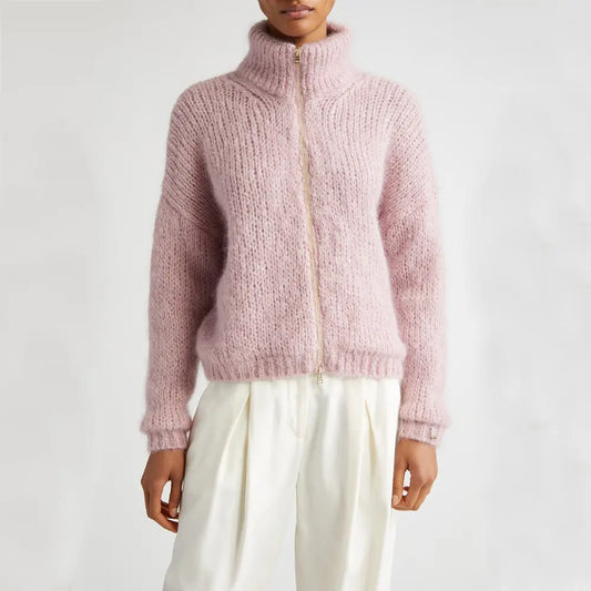 2023 winter clothes custom knit sweater women mohair zipper cardigan chunky knit jacket zip up sweater cardigan for women