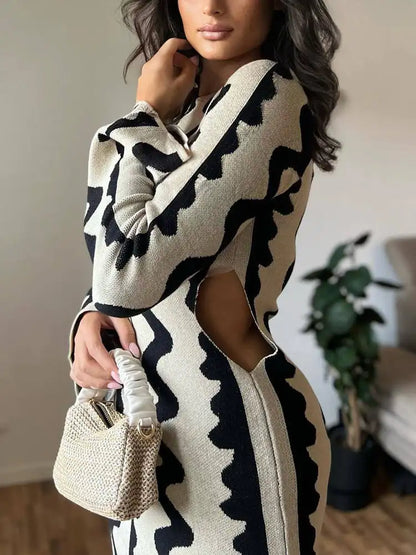 Autumn Party Flared Long Sleeve Sexy Hollow Out Jacquard Knit Maxi Dress for Women