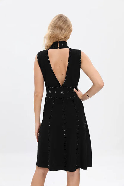 Knitwear manufacturers Custom designer sleeveless knit Beading Bandage halter Mini Black Evening Party knit dress women sweater