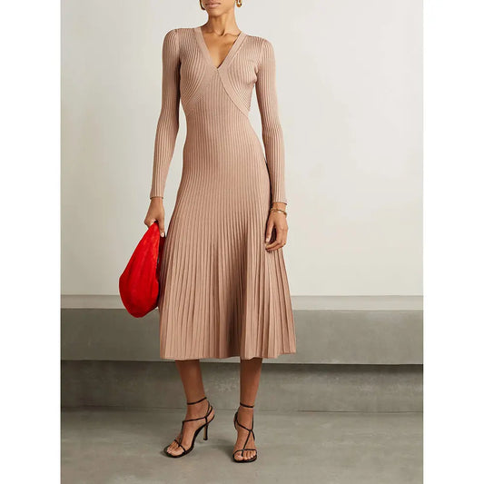 Knitwear manufacturers custom v neck long sleeve big hem fall 2024 women clothes maxi dresses rib knit sweater casual dress